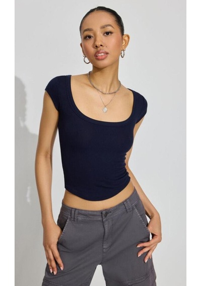 Madmext Lacivert Geniş Yaka Kadın T-shirt Mg2341 Lacivert