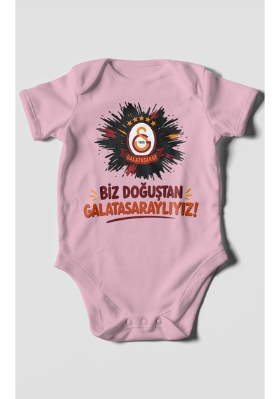 Morivokids Biz Doğuştan Galatasaraylıyız Kısa Kollu Bebek Body %100 Pamuk Koyu Pembe