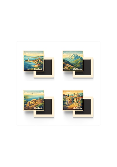 Balıkesir - 4'lü Memleket Seti - Baskılı Buzdolap Magneti Kare - 9x9 Cm - 4 Adet