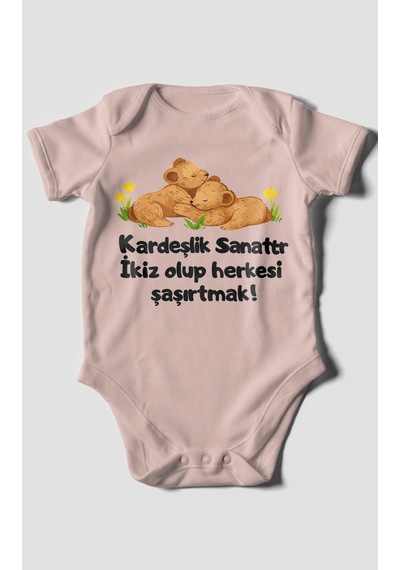 Morivokids Kardeşlik Sanattır, İkiz Yazılı Kısa Kollu Bebek Body %100 Pamuk Pastel Pembe
