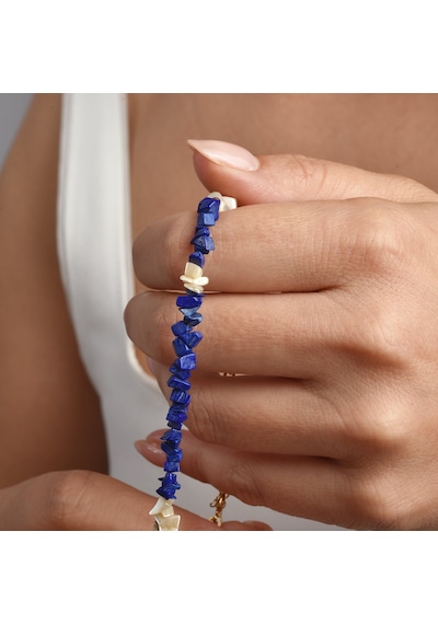 14 Ayar Altın Kaplama Doğal Lapis Lazuli Ve Beyaz Kırık Taş Gümüş Bileklik - Bs00100 Altın