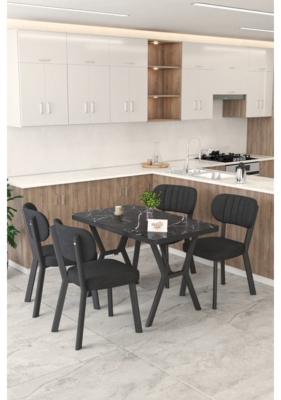 Gnr 70x110cm Sabit Siyah Mutfak Masası Takımı, Yemek Masası, 4 Modern Siyah Sandalye Siyah