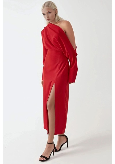 Hiccup Asimetrik Yaka Yırtmaçlı Bodycon Midi Elbise Kırmızı