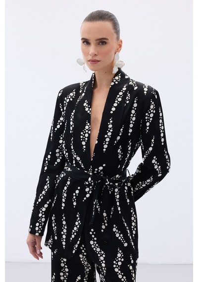 Sateen Desenli Uzun Ceket - Siyah-136474 Siyah