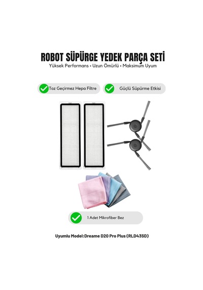 Dreame D20 Pro Plus Rld43sd İle Uyumlu 2 Yan Fırça 2 Filtre 1 Temizlik Bezi 9.0