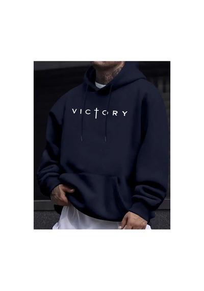 Herkesemoda Victory Yazı Detaylı İçi Polarlı Kapüşonlu Sweatshirt Lacivert