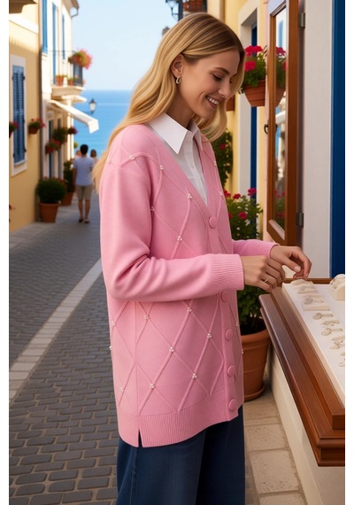 Benerly Kadın Büyük Beden Oversize V Yaka Uzun Kol Elmas Desenli Düğmeli Pembe