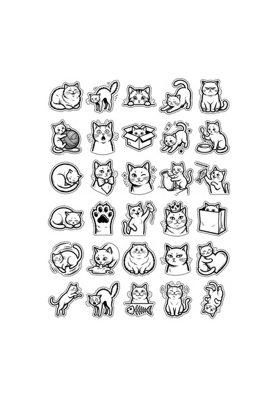 30 Adet Siyah Beyaz Kedi Sticker Seti - Defter Laptop Telefon Ajanda İçin