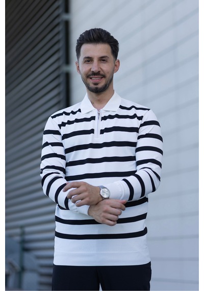Hk Premium Kazak Fermuarlı Polo Yaka Çizgili Triko Sweatshirt Beyaz