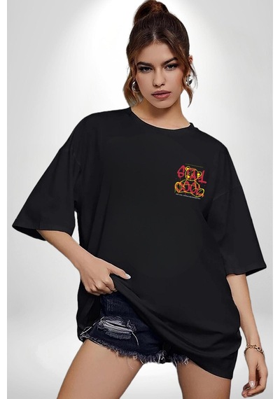 Game Oyun Alanı Siyah Oversize Unisex Ön Sol Yan Minimal Baskılı Tişört Koyu Siyah