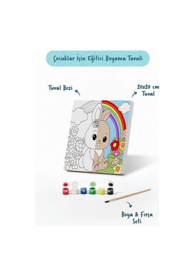 Gökkuşağı Ve Tavşan Temalı Çocuk Boyama Tuvali Şövalesiz Eğitici Boyama Seti 20x20 Cm