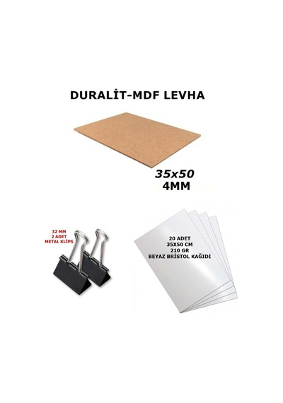 1 Adet 35x50 Cm 4mm Duralit , 2 Adet 32 Mm Klips Ve 20 Adet 35x50 Cm Beyaz Bristol 210 Gr