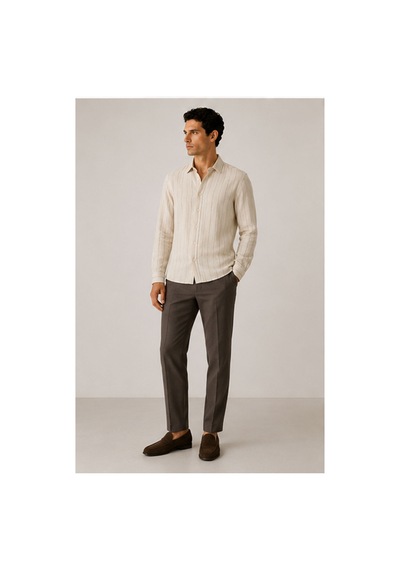 %100 Saf Keten Çizgili Uzun Kollu Regular Fit Erkek Gömlek Mes129774-01 Bej