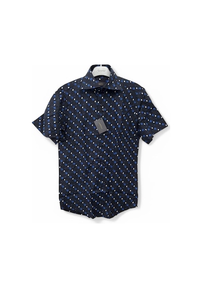 M Slim Fit Kalıp Siyah, Çiçek Desenli Pamuk Kısa Kollu Klasik Erkek Gömlek