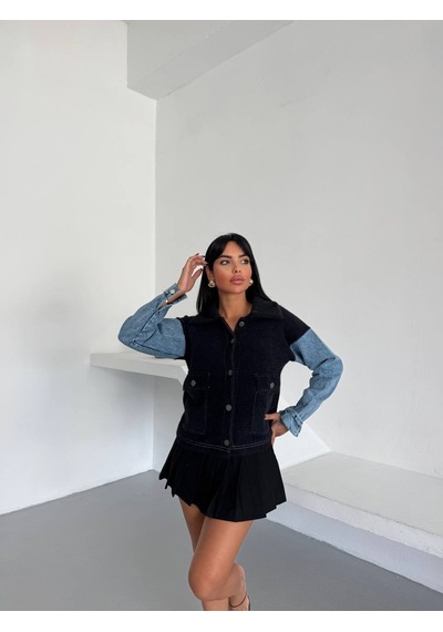 Duygudan Denim Kol Detaylı Kontrast Ceket Güçlü Stil, Net Duruş - Siyah