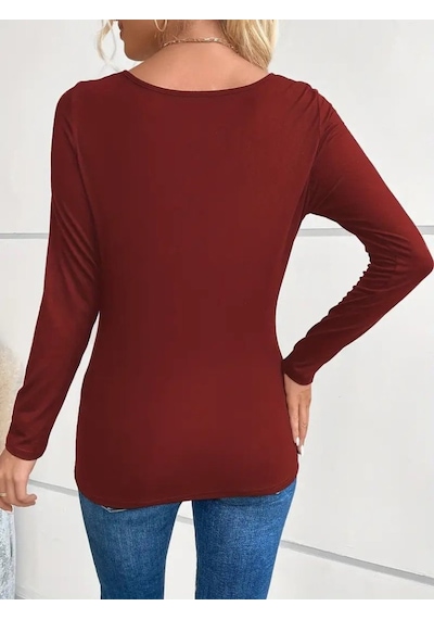 Hazego Kadın Uzun Kollu Derin Degaje Yakalı Taşlı Sandy Bluz Bordo
