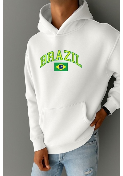 Benroma 3 İplik Penye Brazil Baskılı Sweatshırt Beyaz