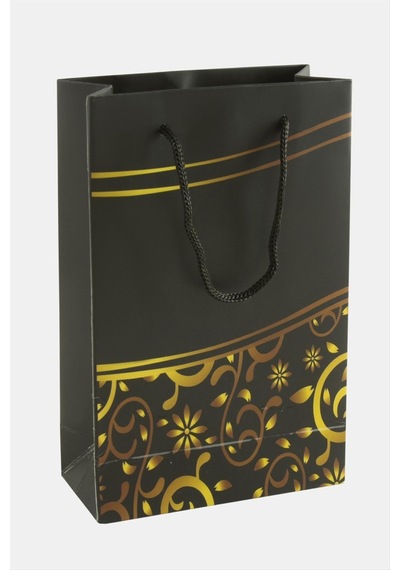 11x17 - 155 - Çiçek Desenli İpli Karton Çanta 1 - Spt-gld - Adet Siyah