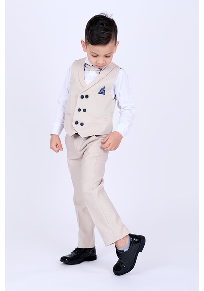 Buse&Eylül Bebe Krem Mendil Detaylı Erkek Çocuk Smokin Takım- Krem