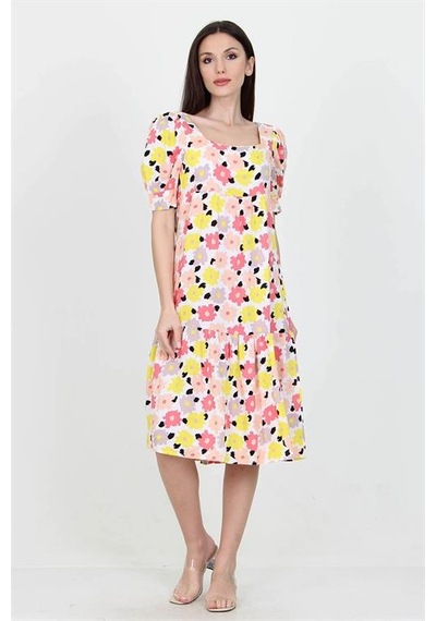 Neşeli Butik Kadın Sarı Kare Yaka Eteği Fırfırlı Çiçek Desenli Viskon Elbise Nb10026 Sarı