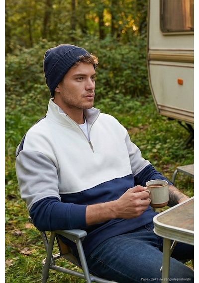 Buratti Renk Bloklu Regular Fit Yarım Fermuarlı Dik Yaka Erkek Sweat 5905719 Indigo