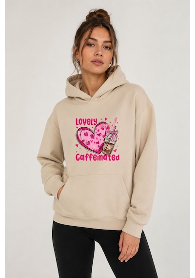 Herkesemoda Lovely Baskılı Kapüşonlu 2 İplik Şardonlu Sweatshirt Bej