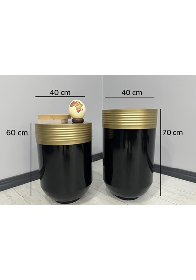 Elegant Dekoratif Eskitme Darbuka Parlak Siyah Saksı 70cm + Sehpa 60cm İkili Set