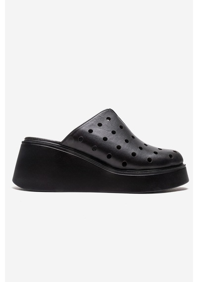 Luvishoes Nıves Siyah Hakiki Deri Delikli Kadın Dolgu Topuklu Terlik
