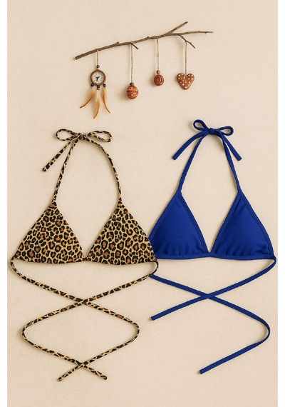 Angbutik Kadın Leopar Desenli Ve Mavi Minimal Kesim Üçgen Bikini Üstü Çok Renkli