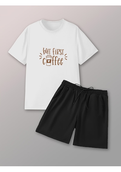 Uyguntarz But First Coffee Baskı Şort Takım Beyaz