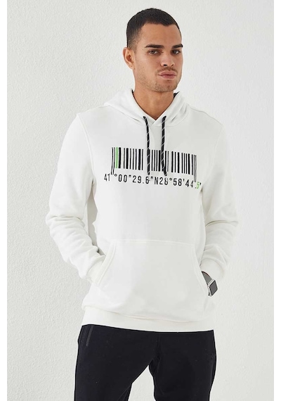 Tommy Life Ekru Nakışlı Kanguru Cep Standart Kalıp Kapüşonlu Erkek Sweatshirt - 87839 Ekru