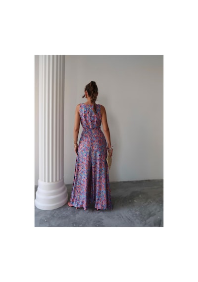 Paw Garage Kadın Deta Desenli Kuşaklı Cepli Ayrobin Kumaş Tulum L Sıyah Pwg2703251506y3