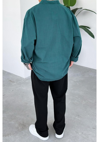 Koyu Yeşil Oversize Fresh Keten Gömlek Koyu Yeşil