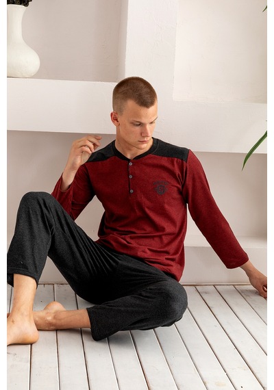 Nisanca Pamuklu Uzun Kollu Erkek Pijama Takımı Bordo