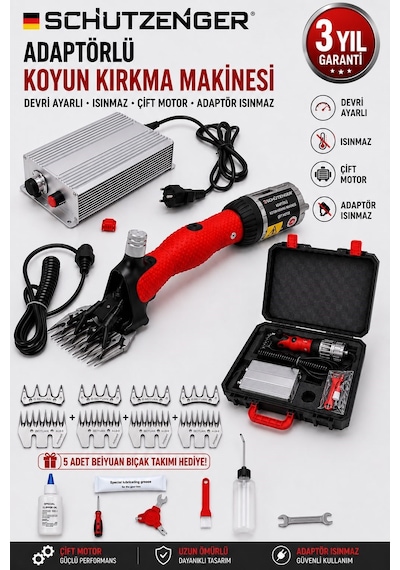 Sc-2020w Adaptörlü Keçi Koyun Kırkma Makinesi Devir Ayarlı Kömürsüz Motor 5 Bıçak Takım Isınmaz Motor