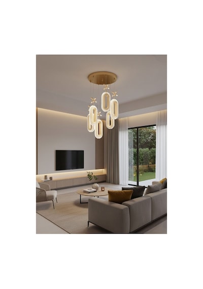 LumiaLighting Eclipse Model 6'lı Kumandalı Gold 3 Renk Modu Ledli Kristal Taşlı Modern Salon Mutfak Oturma Odası Led Avize Altın