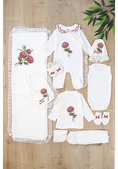 Sitilin Kız Bebek Ortanca Natural 10 Lu Hastane Çıkışı Kanaviçe Çiçek Desen Stl4576 Kırmızı