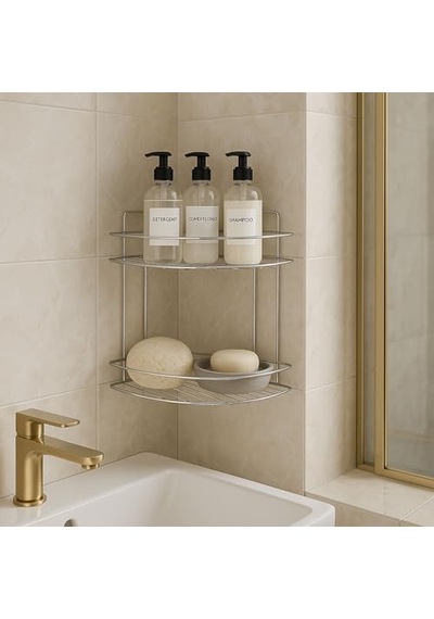 İki Katlı Krom Banyo Duş Köşe Rafı Paslanmaz Metal Şampuanlık Duvar Montajlı Düzenleyici Raf Seti Diğer