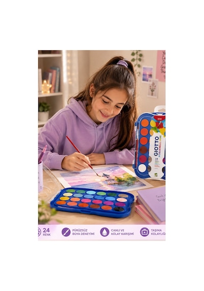 24 Renk Sulu Boya 30mm 1 Paket Giotto 24 Lü Suluboya Fırça Hediyeli Canlı Renkler Acquerelli Kaliteli Yıkanabilir Çok Renkli