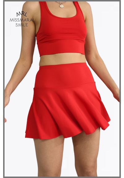 Missmaral Kırmızı Etek Içi Sabit Şortlu Lycralı Yüksek Bel Skirt With Shorts Casual Beachwear Tennis 1101 Kırmızı