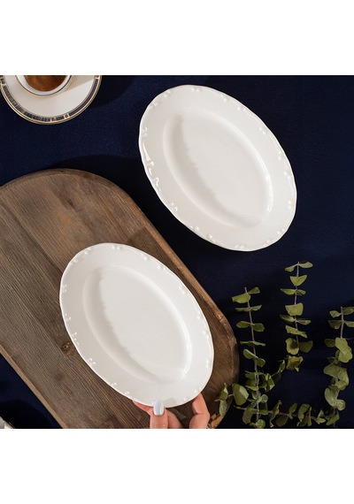 Porsima 4463 Liana Porselen Kayık Tabak Seti - Oval Kahvaltılık Sunumluk Seti 20cm Beyaz