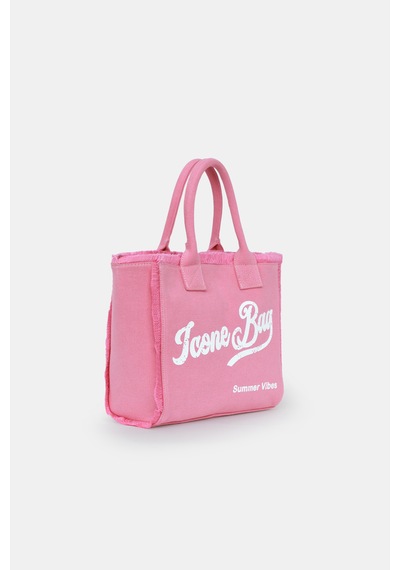 İcone Bag Icone Yıkamalı Denim Püskül Detaylı Şık Günlük & Plaj Çantası, Püsküllü Omuz Çantası Pembe