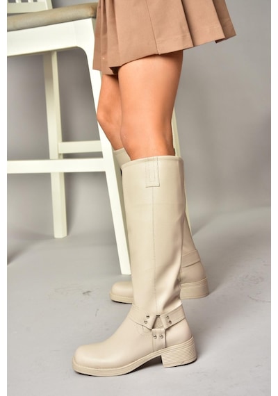 Fox Shoes T404550009 Bej Alçak Topuklu Kadın Çizme Bej-suni Deri Bej