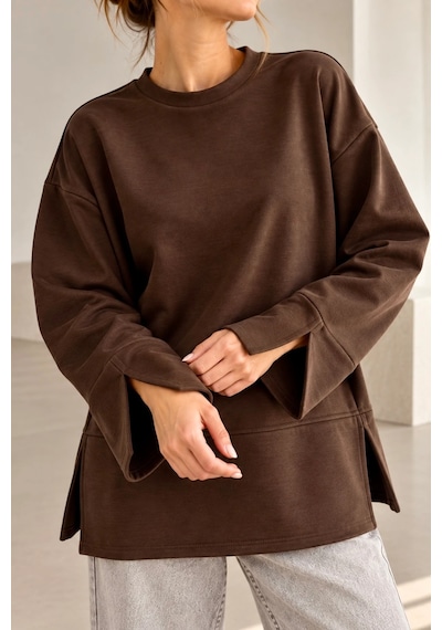 Bb Butik Basic Oversize Yırtmaç Detaylı Bisiklet Yaka Sweatshirt Zg3535 Kahverengi