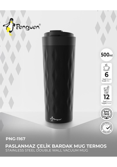Png-1167 500ml Flip Kapak Desenli Çelik Mug 6 Saat Sıcak 12 Saat Soğuk Sızdırmaz & Bpa Free Siyah