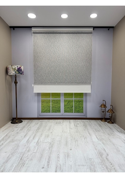 Çift Mekanizmalı Gri Çizgili Desenli Tül Ve Beyaz Stor Perde - İthal Mat Polyester Gri