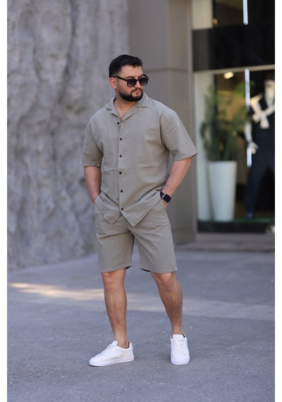 Çağla Yeşili Renk Gömlek Şort Erkek Keten Takım Oversize Kalıp