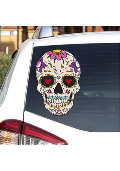 Çiçek Desenli Kurukafa Sticker - Araba Oto Motosiklet Karavan Cam Sticker - 00076 30x21 Cm