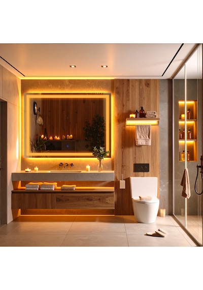 Rectango Amber Led'li Kumlamalı Lavabo & Banyo Aynası Dokunmatik Sensörlü 65 X 90 Cm Turuncu