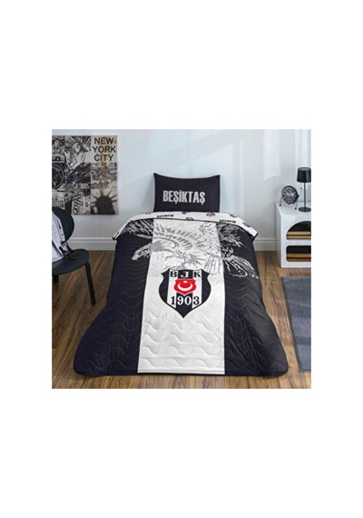 Taç Lisanslı Bjk Kartal Tek Kişilik Yatak Örtüsü Takımı Siyah Beyaz